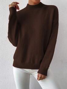 Sprig & Strand Women's Solid Color Stand Collar Drop Shoulder Long Sleeve Casual Pullover Sweater - Brown - View 6