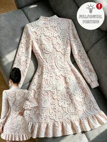 SHEIN Franclia New Chinese Style Floral Lace Stand Collar Frog Button Long Sleeve Modified Cheongsam Dress, Ruched Waist Ruffle Short Hem Slimming Gentle Outfit For Travel And Photography - Multicolor - View 2