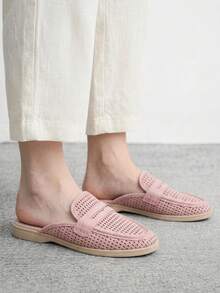 CUCCOO BIZCHIC 時尚女款粉色麂皮鏤空舒適通勤女穆勒鞋 平底女鞋 適合戶外度假購物上班、日常通勤 百搭平底女鞋 - 粉色 - 查看 6