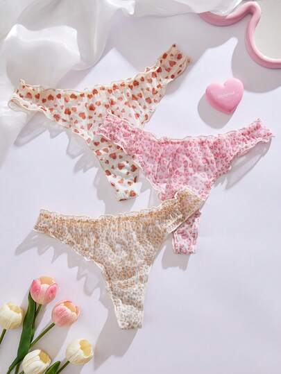 SHEIN 3pcs/Set Women's Low Waist Mesh Printed Frill Trim Thong Panties