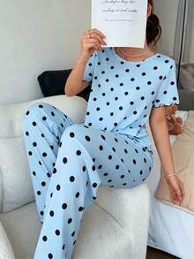 Napfluff 女款圓點印花休閒圓領短袖睡衣套裝 - 藍色 - 查看 5