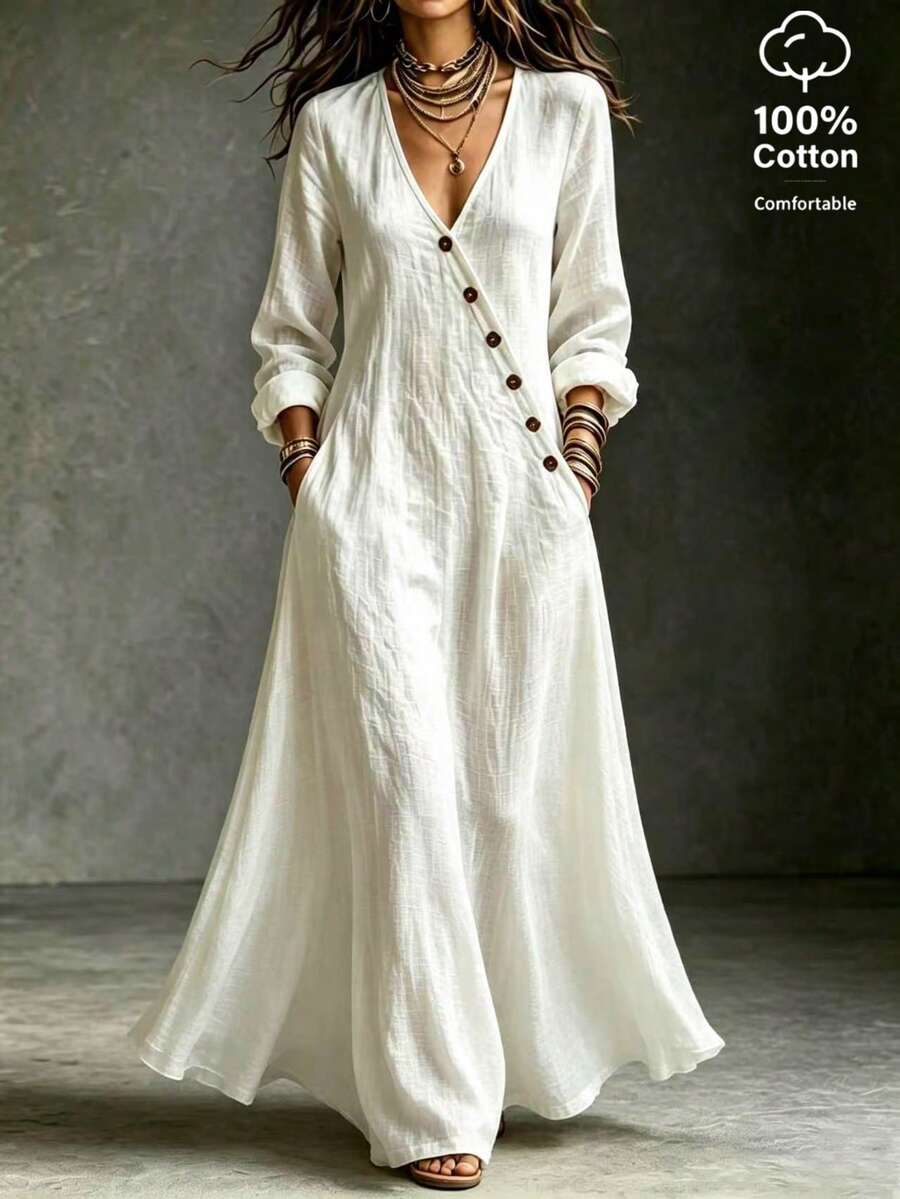 SHEIN Vestido Longo Feminino Primavera/Verão Novo Estilo Casual Minimalista Algodão Linho Branco Decote em V Assimétrico Manga Longa Solto, Feito de Tecido de Algodão Texturizado, Decote em V Profundo Assimétrico, Decoração com Botões Laterais e Silhueta Solta em A, Combinando Estética Minimalista e Elegância Relaxada, Adequado para Passeios Diários, Férias ou Ocasiões Casuais, Vestido Estilo Minimalista, Vestido Longo Branco Elegante - Branco - Visão 1