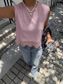 Siren Gaze Women's Solid Color Contrast Lace Hem Tank Top, Spring/Summer New Style - Mauve Purple - View 5