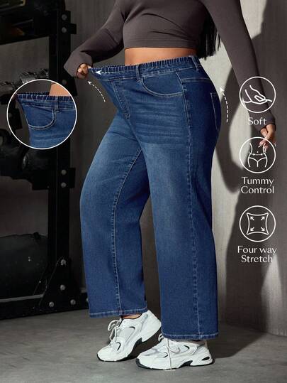 Flexra Jeans de talla grande para mujer, de pierna ancha, cintura alta, color azul, elásticos, favorecedores, para uso diario y salidas, estilo casual elegante de verano