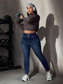 Flexra Casual Slim Fit High Waist Navy Blue Daily Stretchy Washed Comfortable Flattering Wear Plus Size Jeans For Women Formal Date Night Summer - Dark Wash - View 6