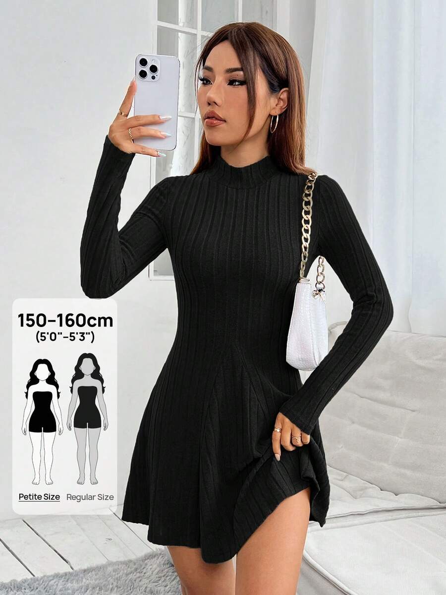 SHEIN PETITE 小碼女款素色立領羅紋針織洋裝 - 黑色 - 查看 1