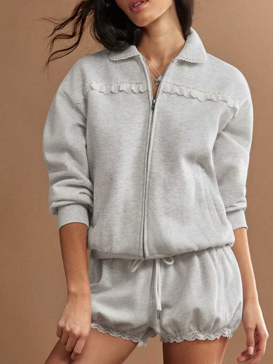WESTFADE French Terry Eyelet Low Rise Bubble Hem Shorts, Lounge, Casual, Summer, Female Country Look, Cowgirl, Back To School Light Grey - Light Grey - View 1