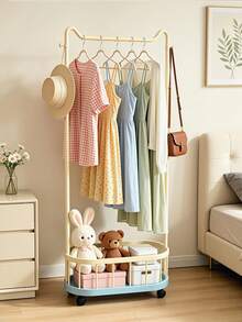 1PC Mobile Clothes Rack With Storage Basket, Rolling Garment Rack With Wheels, Freestanding Clothing Hanging Rack, Portable Wardrobe Organizer For Bedroom, Space Saving Clothes Hanger Stand - Multicolor - View 2