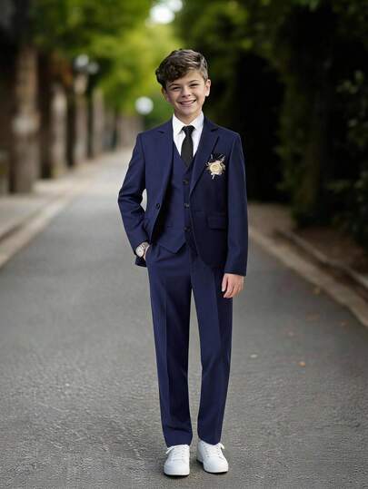 SHEIN 5pcs Tween Boys Suit Set,Navy Blue,Winter,Elegant,Traditional,Formal Wear,Wedding,Notch Lapel Blazer,Single-Breasted Vest,Pants,Shirt,Necktie,Pageboy