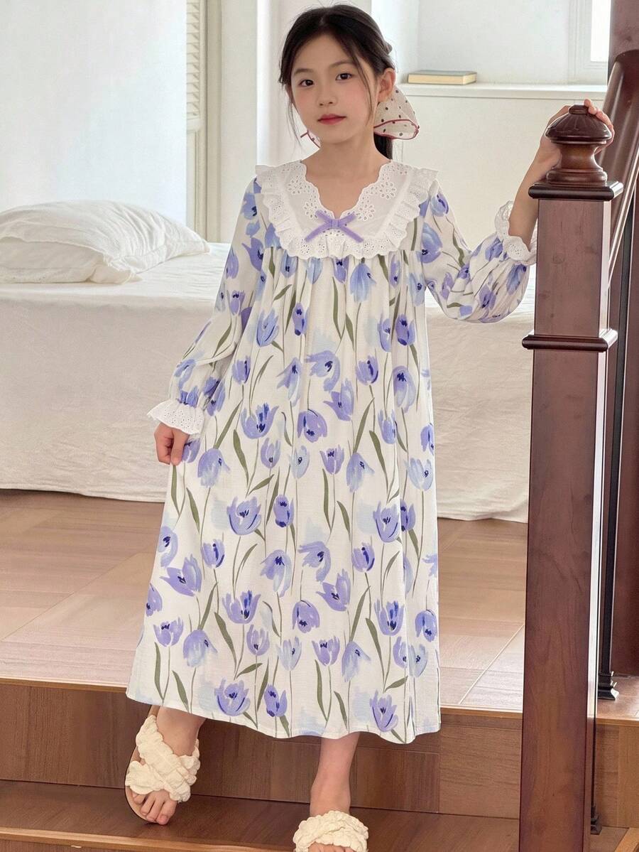 SHEIN 少女休閒度假居家睡裙洋裝，紫色簡約鬱金香圖案，蕾絲飾邊 V 領長袖寬鬆甜美家居服 - 淡紫色 - 查看 1