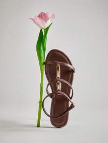SHUZIA Women's Minimalist Casual Comfy Metal Chain Ankle Strap Flat Sandals - Chocolate Brown - View 5