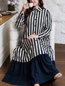 Lacomfia Plus Size Women's Woven Digital Print Striped Button-Up Patchwork Hem Elegant Romantic Dress - Multicolor - View 4
