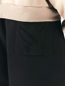 PLAYBOY X SUMWON Bunny Embroidered Wide Leg Sweatpants With Patch Pockets Relaxed Fit Fleece Joggers Cozy Fall Winter Loungewear - Black - View 7