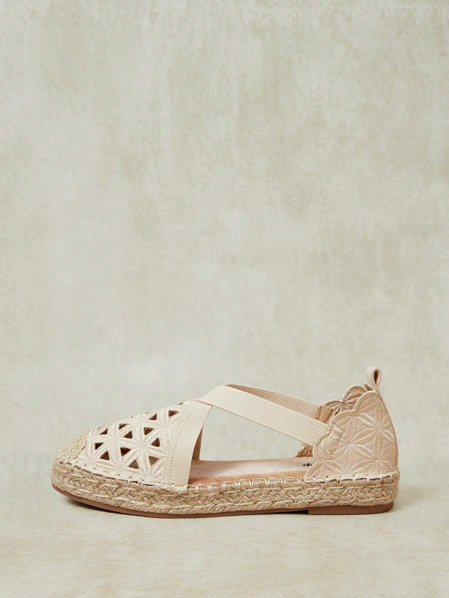 Styleloop Fashion Women's Light Apricot Embroidered Flowers Hollow Hemp Rope Sole Elastic Band Hollow Women's Flat-Soled Shoes Suitable For Outdoor Vacation Fall Shoes - Apricot - View 1