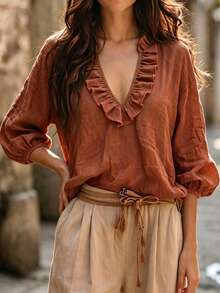 EMERY ROSE Women's Plus Size Autumn Casual Solid Orange Brown Deep V-Neck Ruffle 3/4 Sleeve Blouse, Suitable For Casual Commute Outing Daily Wear Fall - Brown - View 3