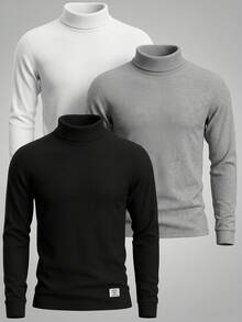 SHEIN 2件組兒童買1送1大童男孩休閒紋理布料高領上衣，黑白配色，適合學校、外出、派對，秋冬穿著 - 彩色 - 查看 4