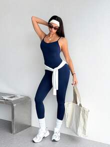 SHEIN Sports Women's Seamless Backless Criss-Cross Strap Navy Blue Sports One-Piece Jumpsuit - Navy Blue - View 6