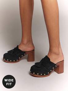 SHUZIA Women's Wide-Fit Slip-On Platform Mules With Rivets Decors - Black - View 7