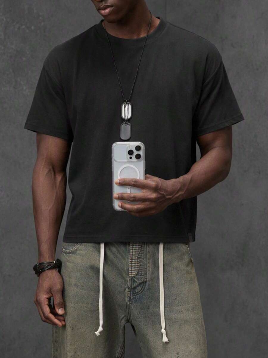 NEON BLANC Men's Solid Color Crew Neck Short Sleeve Casual Streetwear Versatile T-Shirt Going Out Rave Black Summer - Black - View 1