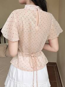 Tideelle Women's Polka Dot Print Stand Collar Ruffle Short Sleeve Top - Apricot - View 2