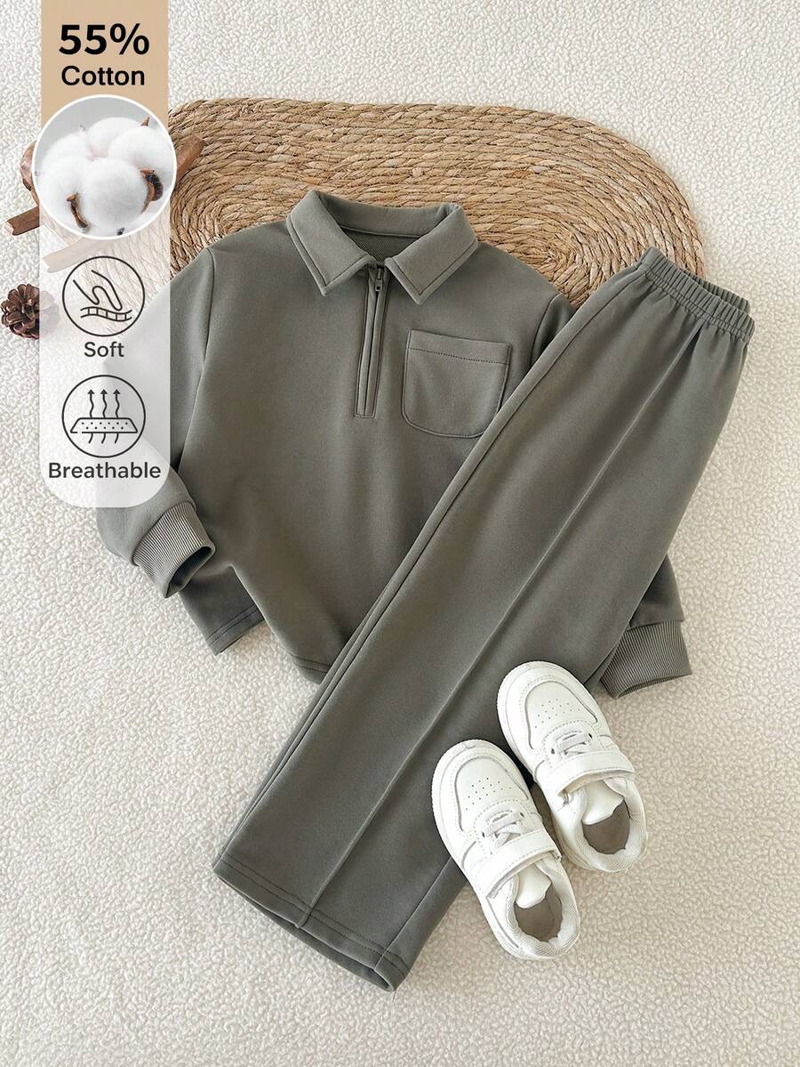 SHEIN 男童春秋純灰色極簡休閒風無圖案修身翻領半拉鍊長袖套頭上衣搭配長褲套裝,適合外出、居家休閒與日常運動穿著 - 軍綠色 - 查看 1