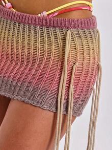 ROMWE Y2K Spring/Summer Vacation Sexy Wild Colorful Striped Contrast Knit Mini Bodycon Skirt For Women - Multicolor - View 7