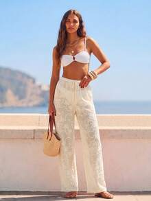 CAJUNI Women's Vacation Embroidered Sheer Casual Drawstring Waist Long Pants Beach - Cream - View 6