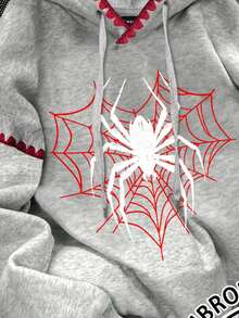 SHEIN EZwear Sudadera con capucha con estampado de araña, contraste de color y bordado de concha - Gris - Ver 3