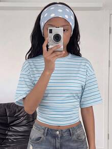 SHEIN Tween Girl Summer Casual Blue Striped Waist-Cinching T-Shirt Back-To-School Top - Blue - View 8