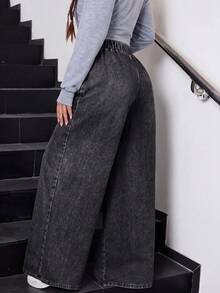SHEIN Teen GirlLoose Straight Leg Blue Jeans - Dark Grey - View 2