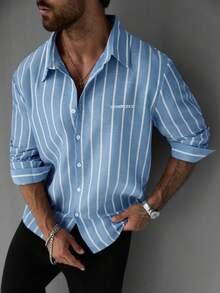 EGENSIO Plus Size Men's Single-Breasted Casual Blue Striped Long Sleeve Shirt - Blue - View 1