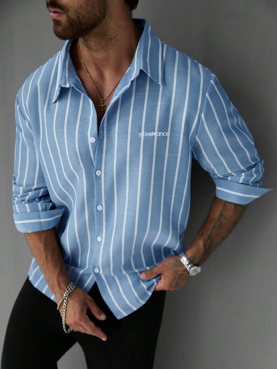 EGENSIO Plus Size Men's Single-Breasted Casual Blue Striped Long Sleeve Shirt - Blue - View 1