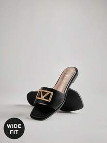 SHUZIA Women's Square Toe Signature Gold Oversized Sculptural Buckle Pu Black Slide Sandals – Soft Cushions, Chic, Comfortable & Easy To Pair - Black - View 1