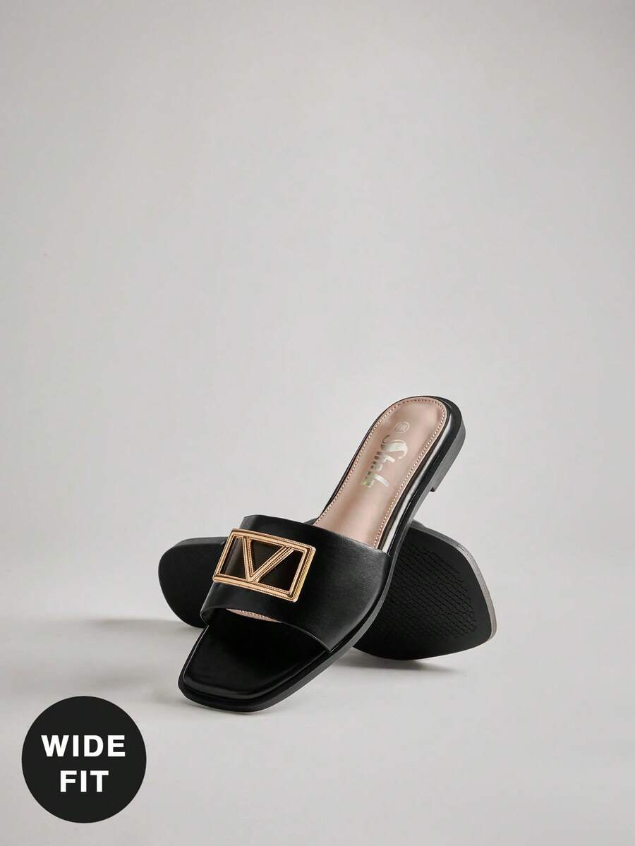 SHUZIA Women's Square Toe Signature Gold Oversized Sculptural Buckle Pu Black Slide Sandals – Soft Cushions, Chic, Comfortable & Easy To Pair - Black - View 1