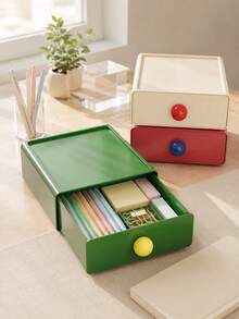 Zazumi 1pc Stackable Drawer Storage Box With Colorful Round Knobs Desktop Organizer Minimalist Vanity Decor Cute Housewarming Gift - default - View 4