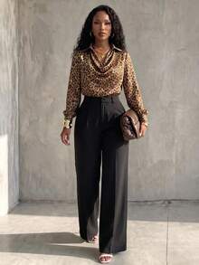 Eryvara Women's Fashion Cowl Neck Leopard Print Long Sleeve Collared Slim Fit Blouse, Suitable For Casual, Commuting, Dating, Daily Wear - Brown - View 5