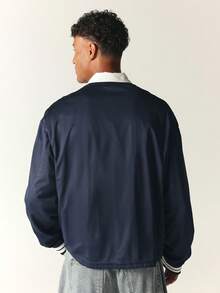 SUMWON Number 7 Long Sleeve Oversized Football Jersey Shirt With Spread Collar Contrast Piping And Striped Cuffs - Navy Blue - View 2