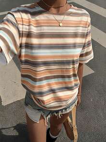 DrmWander Vintage Contrast Color Striped Round Neck Plus Size Short Sleeve T-Shirt Women's Casual Loose Everything Basic Striped Top - Multicolor - View 1
