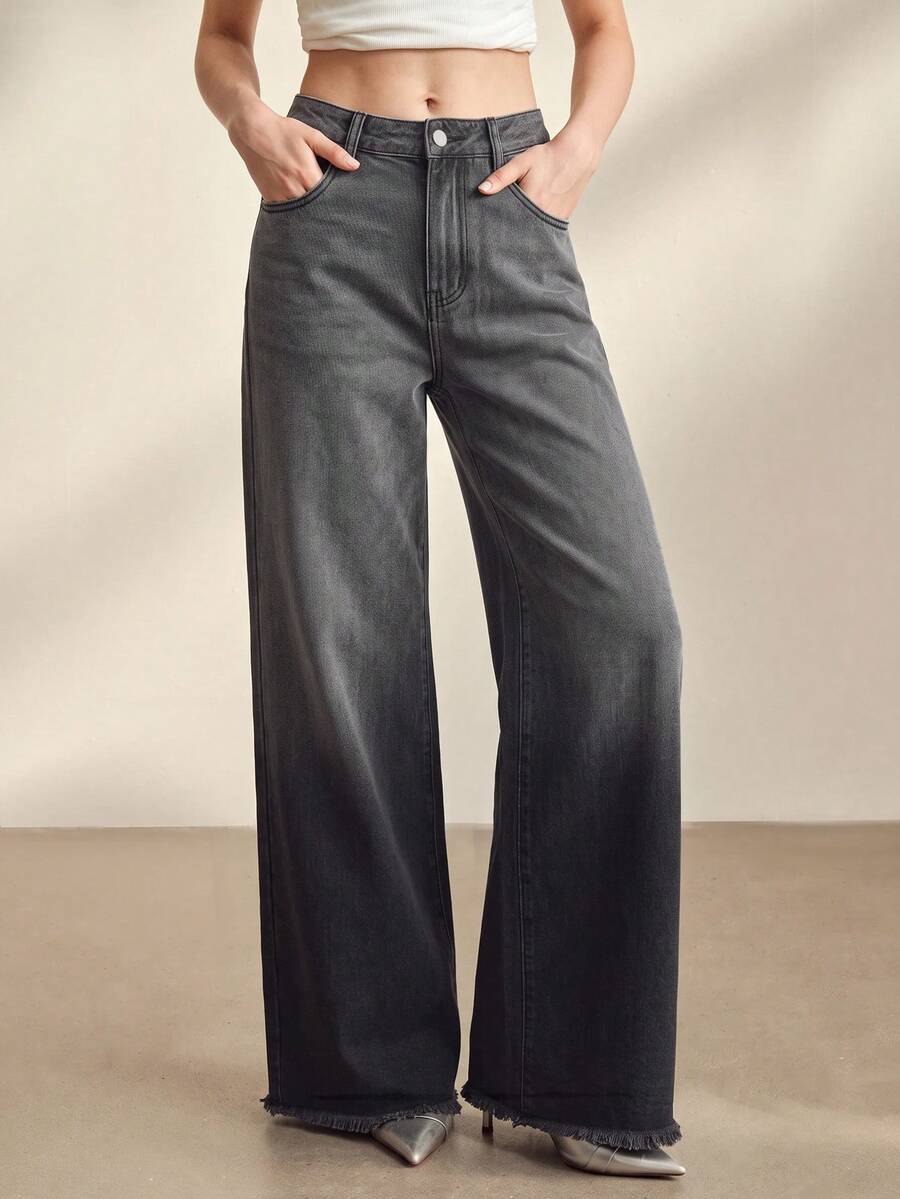 Anewsta Women's Fashion New Gradient Blue Straight Leg Jeans Pants, Vacation Style - Black - View 1