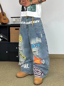 STEELVANCE Streetwear Retro Fashion Versatile Distressed Washed Patchwork Ripped Raw Edge Graphic Design Loose Straight Leg Wide Leg Casual Denim Jeans (Belt And Accessories Not Included) - Blue - View 5