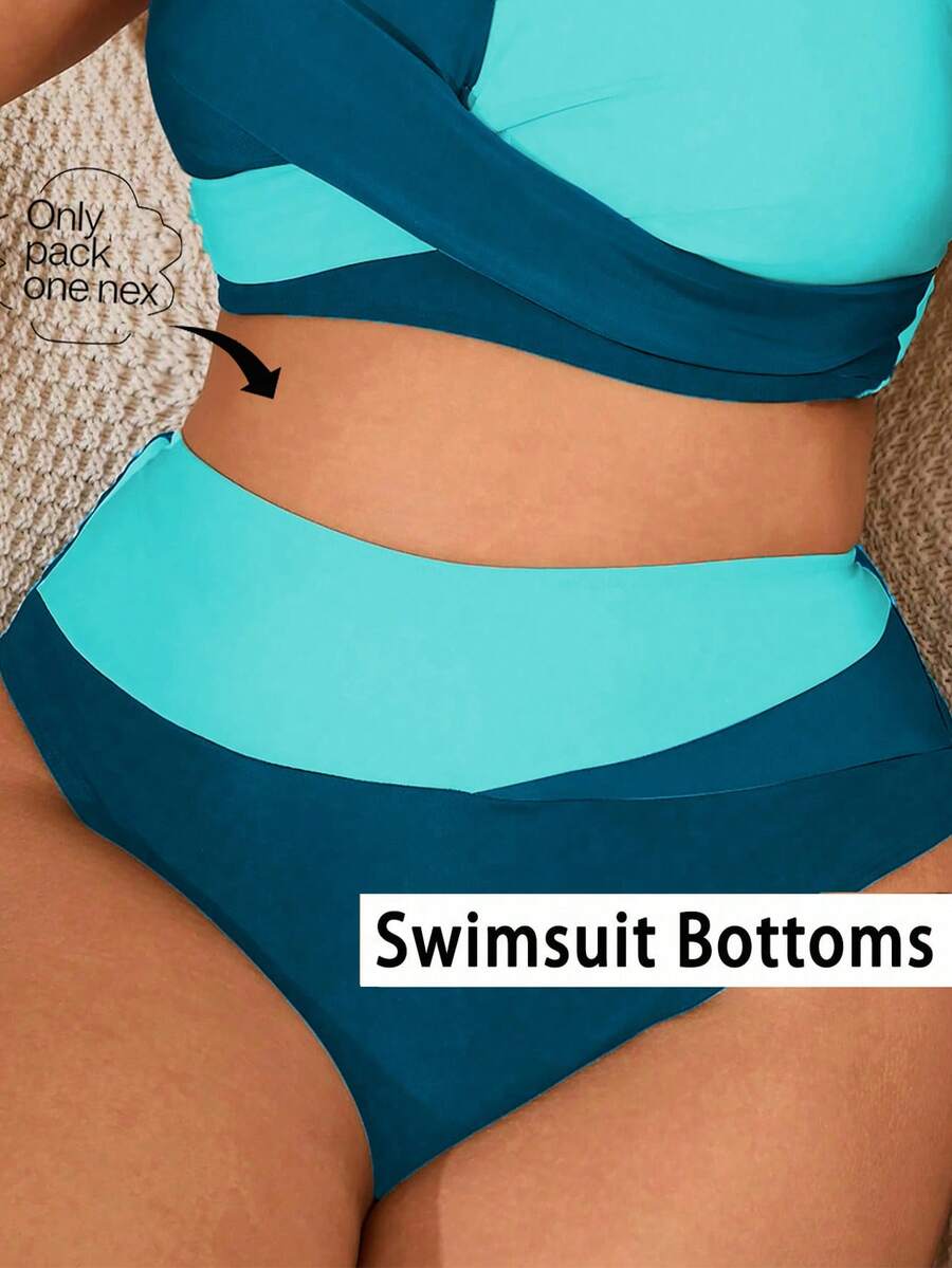 SHEIN Swim Curve 女款大尺碼多色拼接高腰極簡三角比基尼泳褲 性感優雅海灘休閒度假下裝 - 彩色 - 查看 1