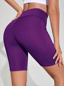 SHEIN Sports Women's Summer Minimalist Solid Color High Waist Patchwork Pocket Sports Cycling Shorts - Bold Plum - View 3