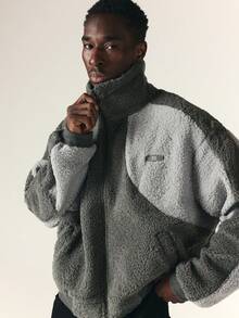 SUMWON Oversized Sherpa Fleece Bomber Jacket Two Tone Color Block Full Zip Ribbed Collar Cuffs Cozy Winter Outerwear - Grey - View 6