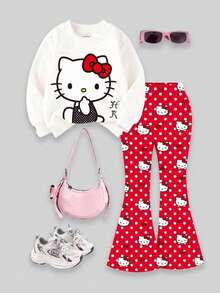 HELLO KITTY AND FRIENDS | SHEIN 女童印花圓領運動衫紅色波點喇叭褲套裝 春秋款 - 紅色 - 查看 4