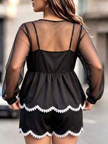 Trelyra Elegant Coquette Versatile Mesh Fabric 2 In 1 Long Sleeve Top And Pants Plus Size Women's 2 Pieces Set Dinner Birthday Black Autumn - Black - View 2