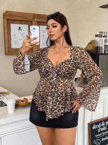 Muchica Plus Size Women's Leopard Print Pleated Casual Versatile Daily Wear T-Shirt Fall - Brown - View 7