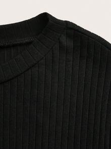 SHEIN LUNE Pure Cotton Solid Ribbed Texture Fabric Autumn/Winter Base Layer T-Shirt - Black - View 6