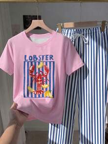 Comfortcana 2pcs Set Embroidered Round Neck Short Sleeve Top And Striped Print Pants, Casual - Multicolor - View 3