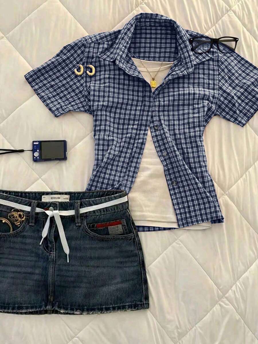 IslaSuriya Plus Size Korean Style Plaid Single-Breasted Regular Shoulder Short Sleeve Shirt - Multicolor - View 1