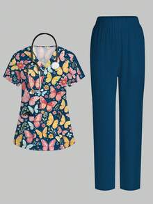 PopScrub 2pcs/Set Seragam Kerja Kasual Motif Kartun Kupu-kupu & Tanaman, Atasan Kerja Wanita Model V-Neck Lengan Pendek dengan Saku dan Desain Belahan, Celana Panjang Lurus Warna Hijau Tua, Musim Semi/Panas - MultiWarna - View 1